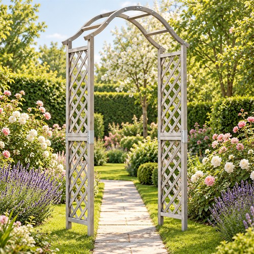 Grey wooden garden arch - arch, rose